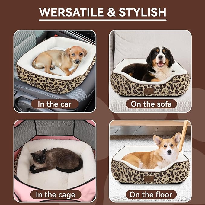 Zerbuger Rectangle Cat Dog Bed for Large Medium Small Pets Indoor Outdoor Machine Washable Sleeping Sofa Non-Slip Bottom Soft Puppy Bed Durable Orthopedic Calming Pet Cuddler (Medium, Leopard)
