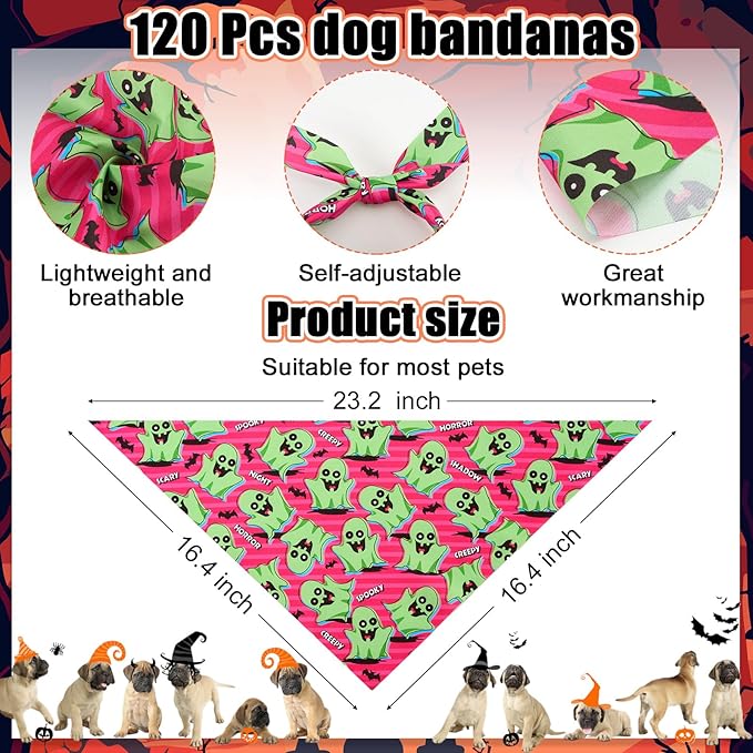Sanwuta 120 Pcs Bandanas for Dogs Bulk Summer Triangle Dog Bandana Washable Pet Scarves Adjustable Bibs for Small and Medium Pets, 30 Styles (Halloween)