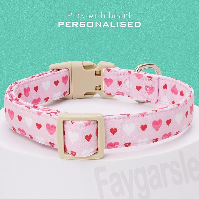 Faygarsle Valentine's Day Dog Collar, Pink with Red and White Hearts Pattern, Heart Charm, M