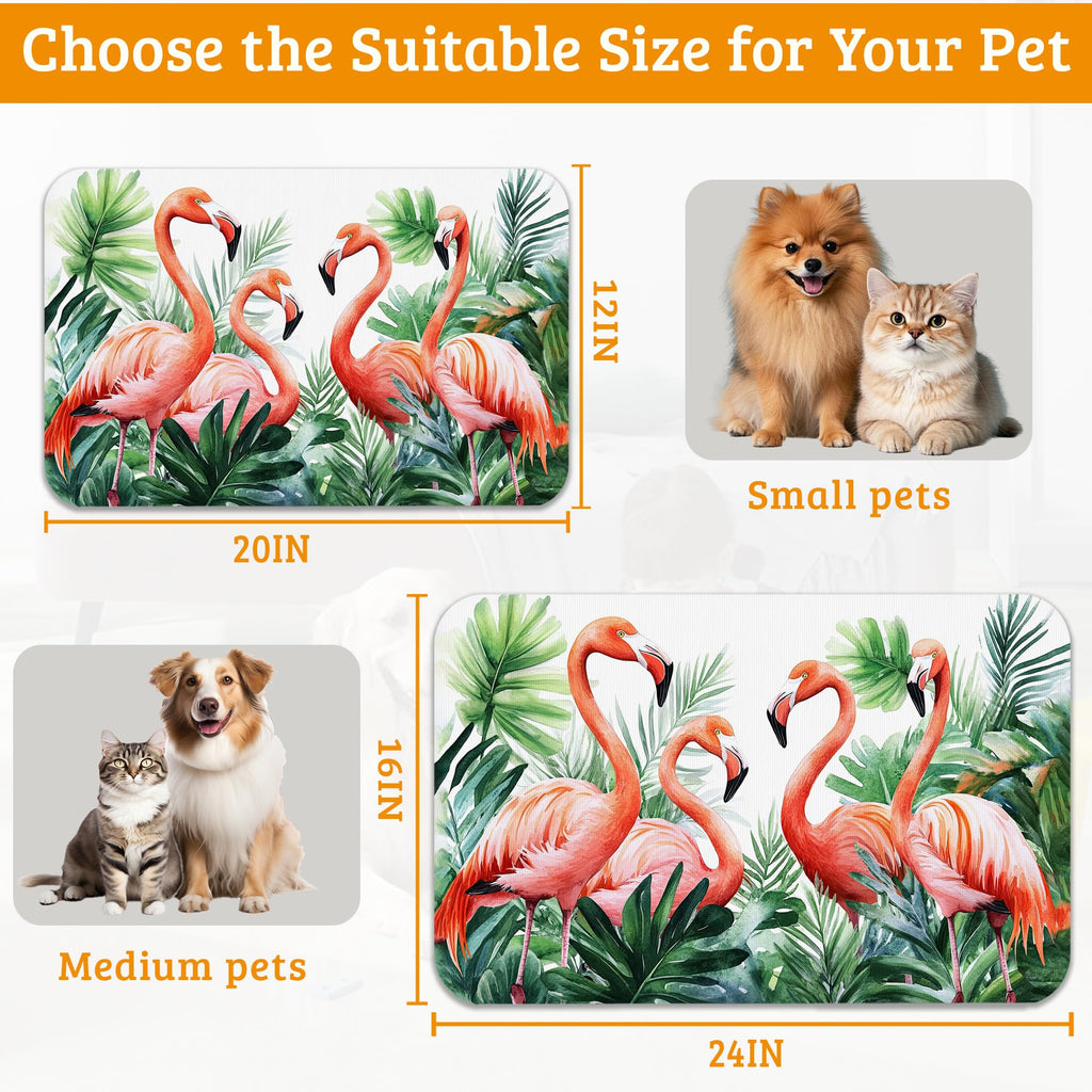 Pink Flamingo Dog Food Mat,Plam Leaves Absorbent Pet Feeding Mat for Food and Water Bowl,Quick Dry Dog Placemat Non Slip Rubber Backing Waterproof Pet Supplies 16" x 24"
