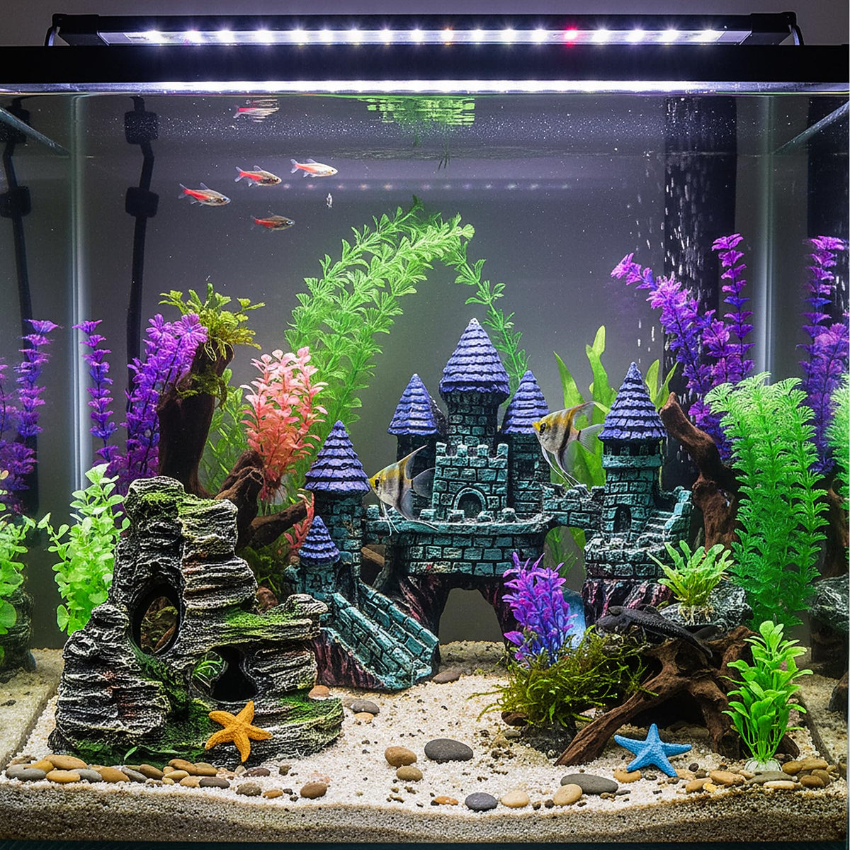 Mechpia 13 Pieces Aquarium Decorations Kit, Fish Tank Decorations Set Small Resin Castle and Rockery Betta Fish Cave Hideout Coral Artificial Plastic Plants Ornament Accessories