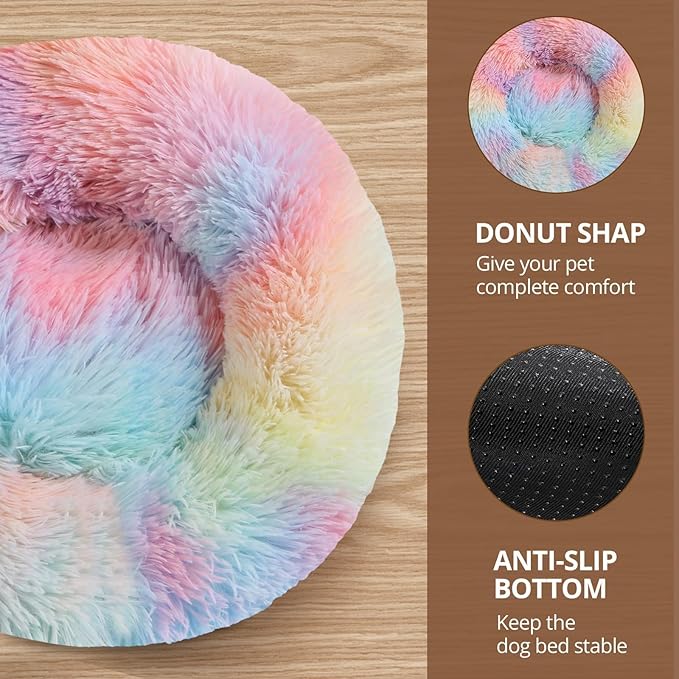 JOLLYVOGUE Calming Dog Beds Large Sized Dog, 36in Donut Washable Large Pet Bed, Anti-Slip & Anti-Anxiety Fluffy Faux Fur Round Dogs Bed, Fits up to 80 lbs Pets (Rainbow)