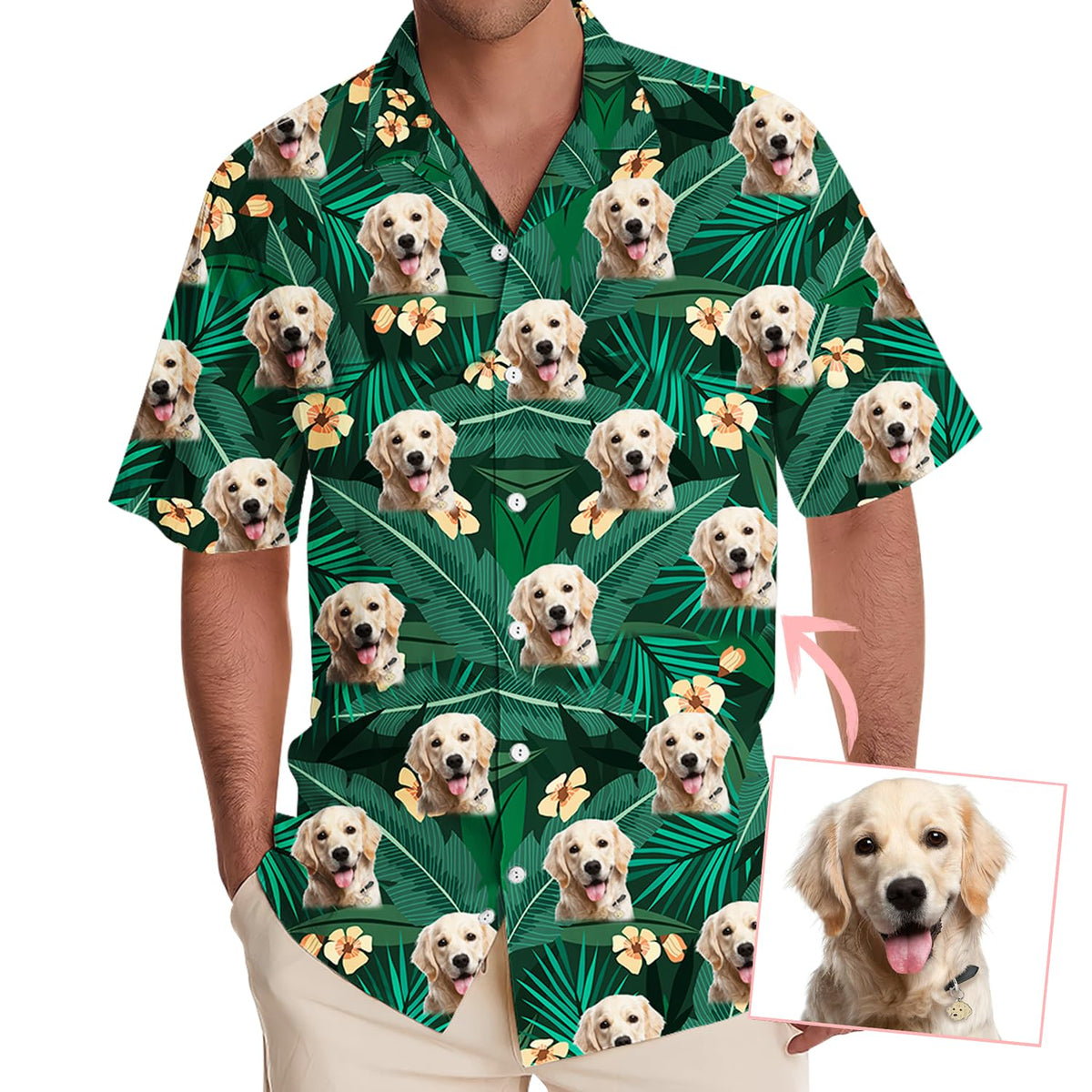 DILYPOD Custom Hawaiian Shirt with Face, Personalized Button Down Hawaiian Shirts for Men, Women, Custom Photo Hawaiians Shirt, Customized Dog Pet Face, Tropical Hawaiians Shirts 2