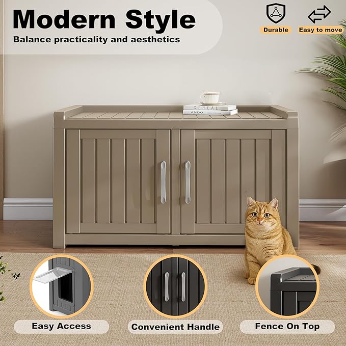 KFY Cat Litter Box Enclosure Resin Hidden Cat Litter Box Furniture Multi-Functional Double Door Spacious Odorless Waterproof UV-Resistant Indoor Outdoor Use Grey