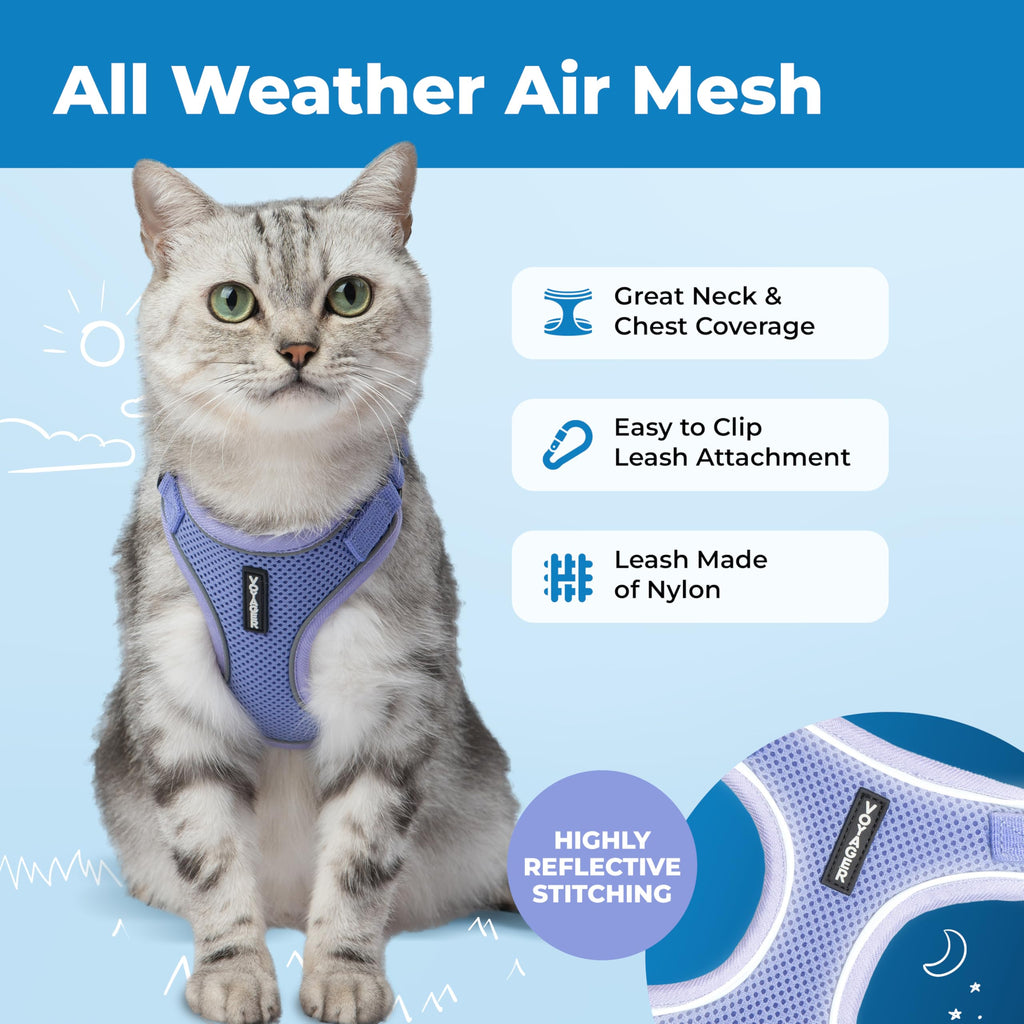 Voyager Escape-Proof Step-in Lock Cat Harness & 5ft Neoprene-Handle Leash Set All-Weather Mesh with Reflective Stitching for Small to Large Cats by Best Pet Supplies, Lavender (327), S