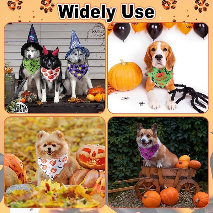 Sanwuta 120 Pcs Bandanas for Dogs Bulk Summer Triangle Dog Bandana Washable Pet Scarves Adjustable Bibs for Small and Medium Pets, 30 Styles (Halloween)