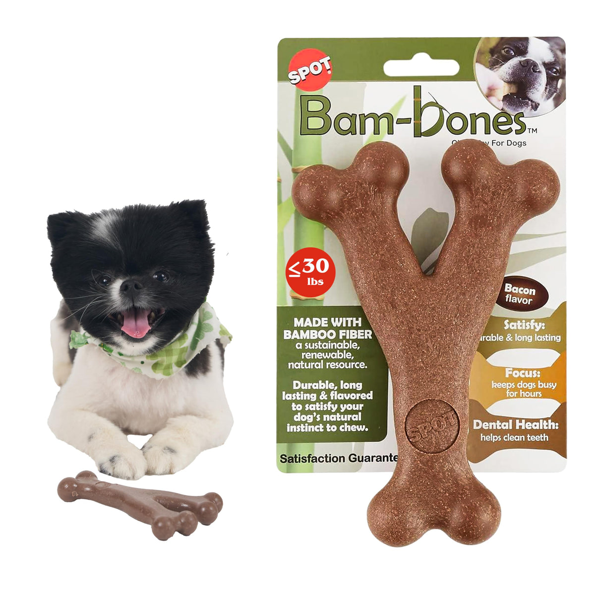 SPOT Bam-Bones Wishbone Dog Chew Toy, Bamboo Fiber Blend, Non-Splintering Durable Chew for Light to Moderate Chewers, Adult Dogs & Teething Puppies 10–30 lbs, Bacon Flavor, 5.25 in