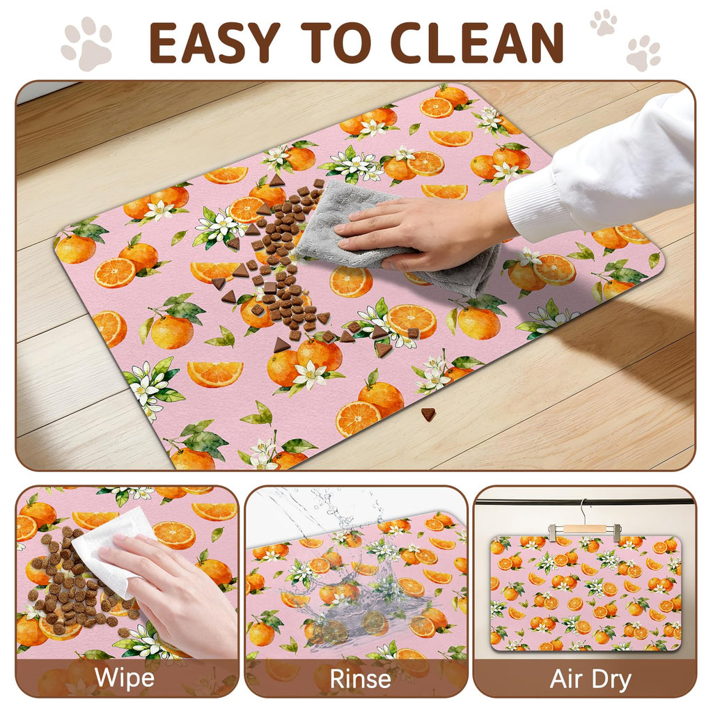 Dog Food Mat for Bowls, Absorbent Quick Dry Dog Cat Mats for Food and Water, Non-Slip Backing Pet Mat Pet Supplies - Orange Pattern