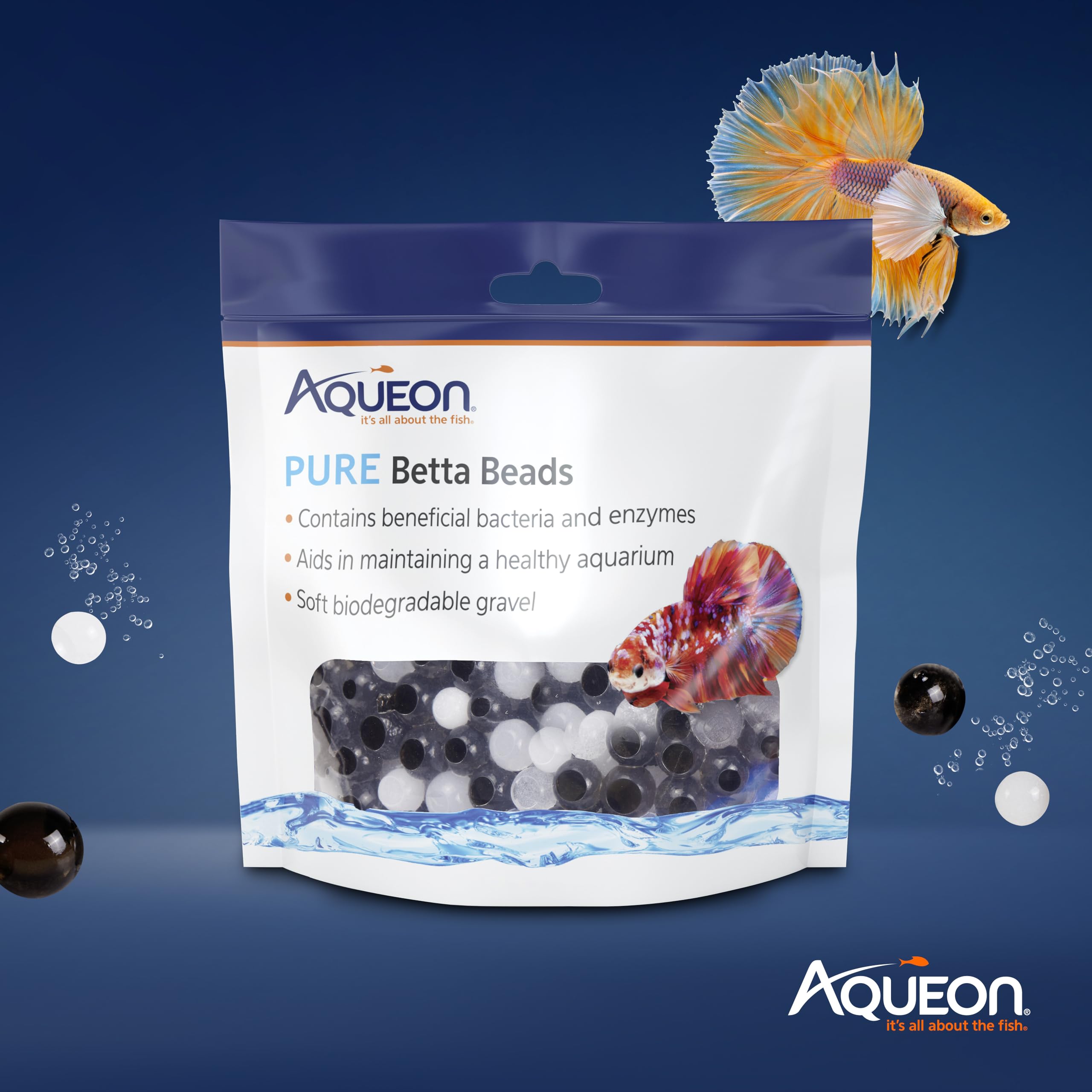 Aqueon PURE Betta Beads, Water Care for Unfiltered Aquariums, Maintains Clear Water and Helps Breakdown Organic Sludge, Black & White