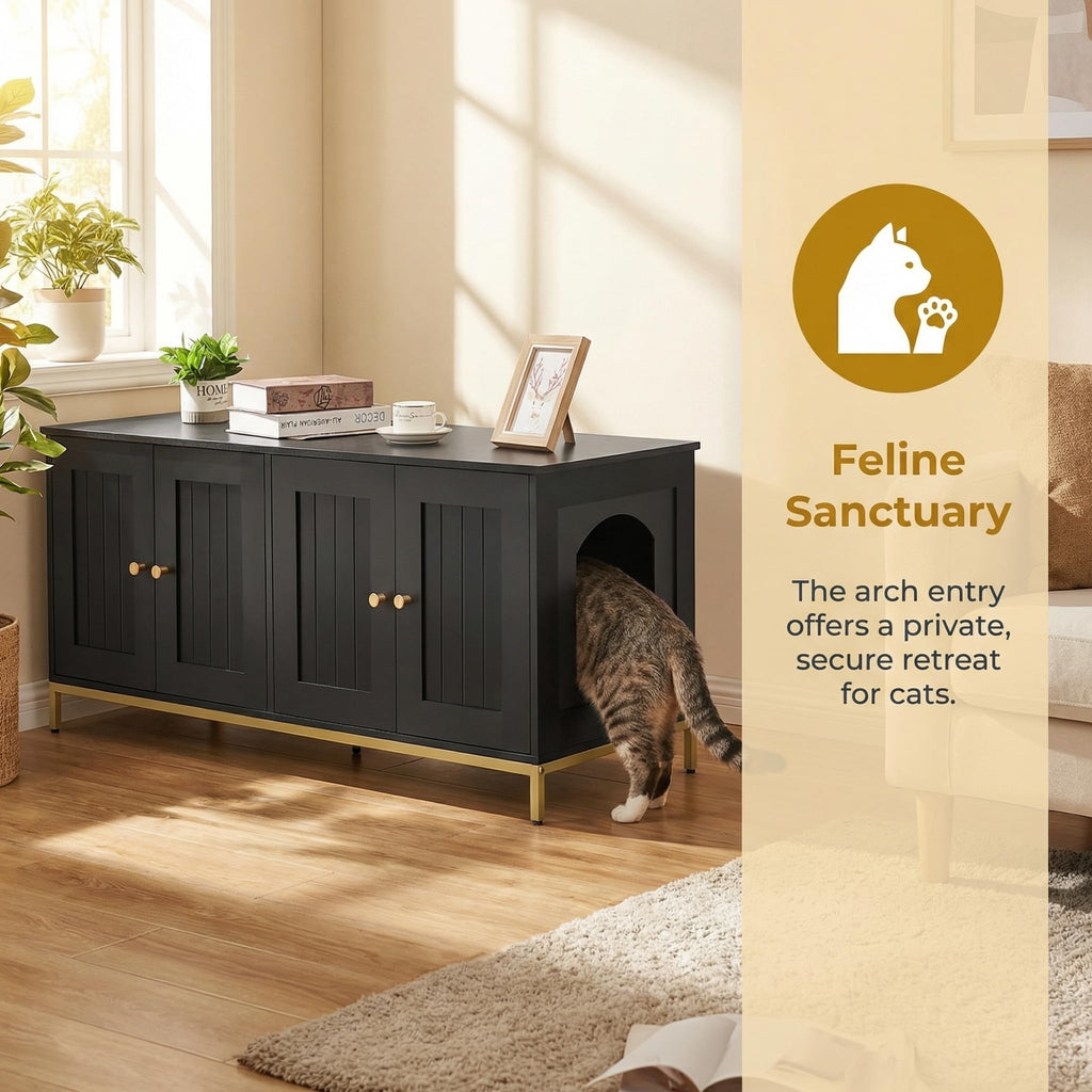 Homhedy 47.2" L Cat Litter Box Enclosure for 2 Cats, Black and Gold