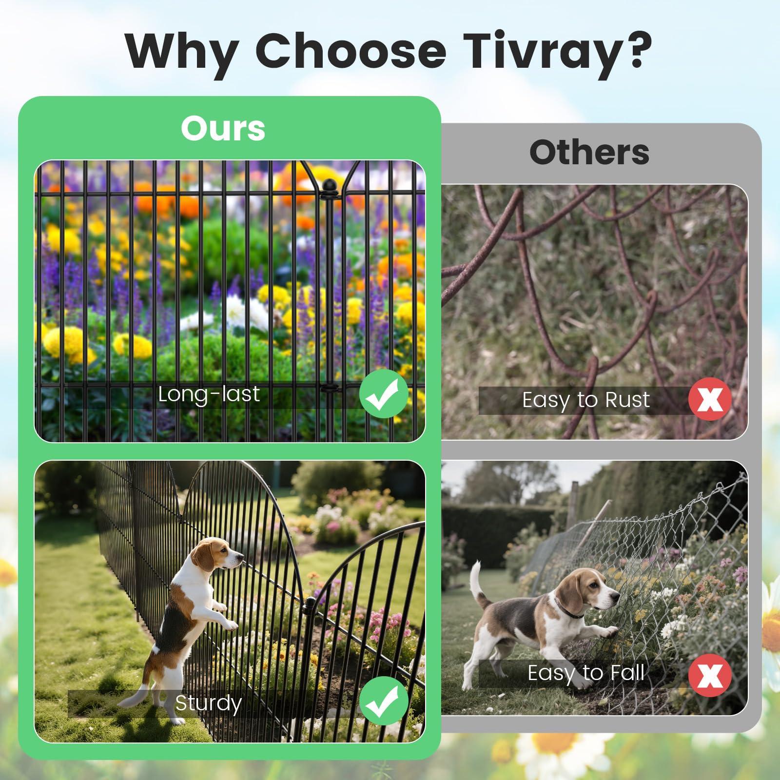 Tivray 10Pcs No Dig Garden Fence, 32in(H)/24ft(L) Rustproof Metal Dog Fence Outdoor for Yard, Tall Animal Barrier Pet Fencing, Border Panel for Dog, Rabbits, Patio, Flower Bed, Garden Decor