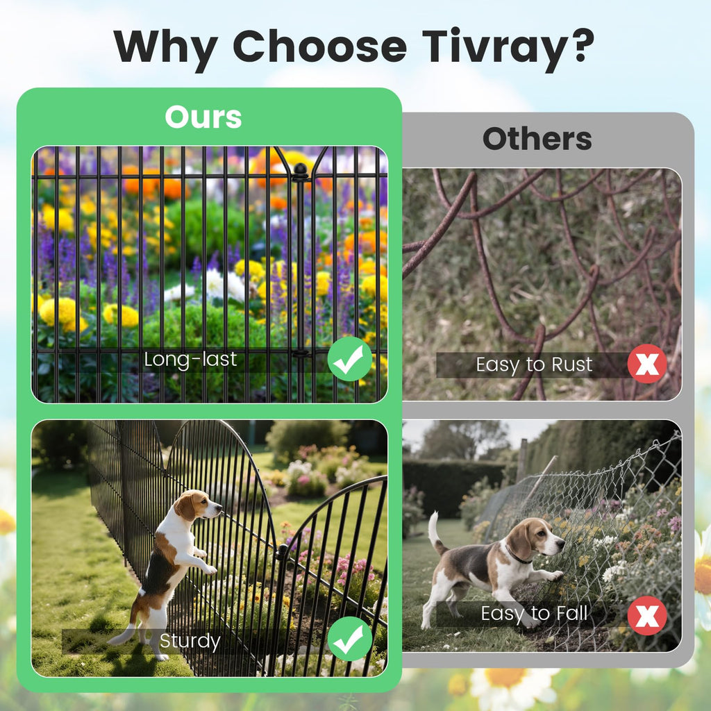 Tivray 10Pcs No Dig Garden Fence, 32in(H)/24ft(L) Rustproof Metal Dog Fence Outdoor for Yard, Tall Animal Barrier Pet Fencing, Border Panel for Dog, Rabbits, Patio, Flower Bed, Garden Decor