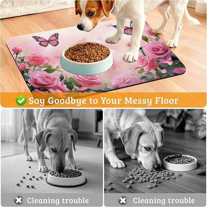 Rose Pink Dog Cat Food Mat,Butterfly Absorbent Waterproof Placemat for Food and Water Non Slip Rubber Backing Durable Feeding Pad for Clean Floors 16" x 24"