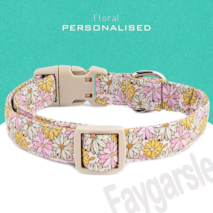 Faygarsle Floral Girl Dog Collar, Pink and Yellow Summer Spring Design for Small Medium Large Dogs, M