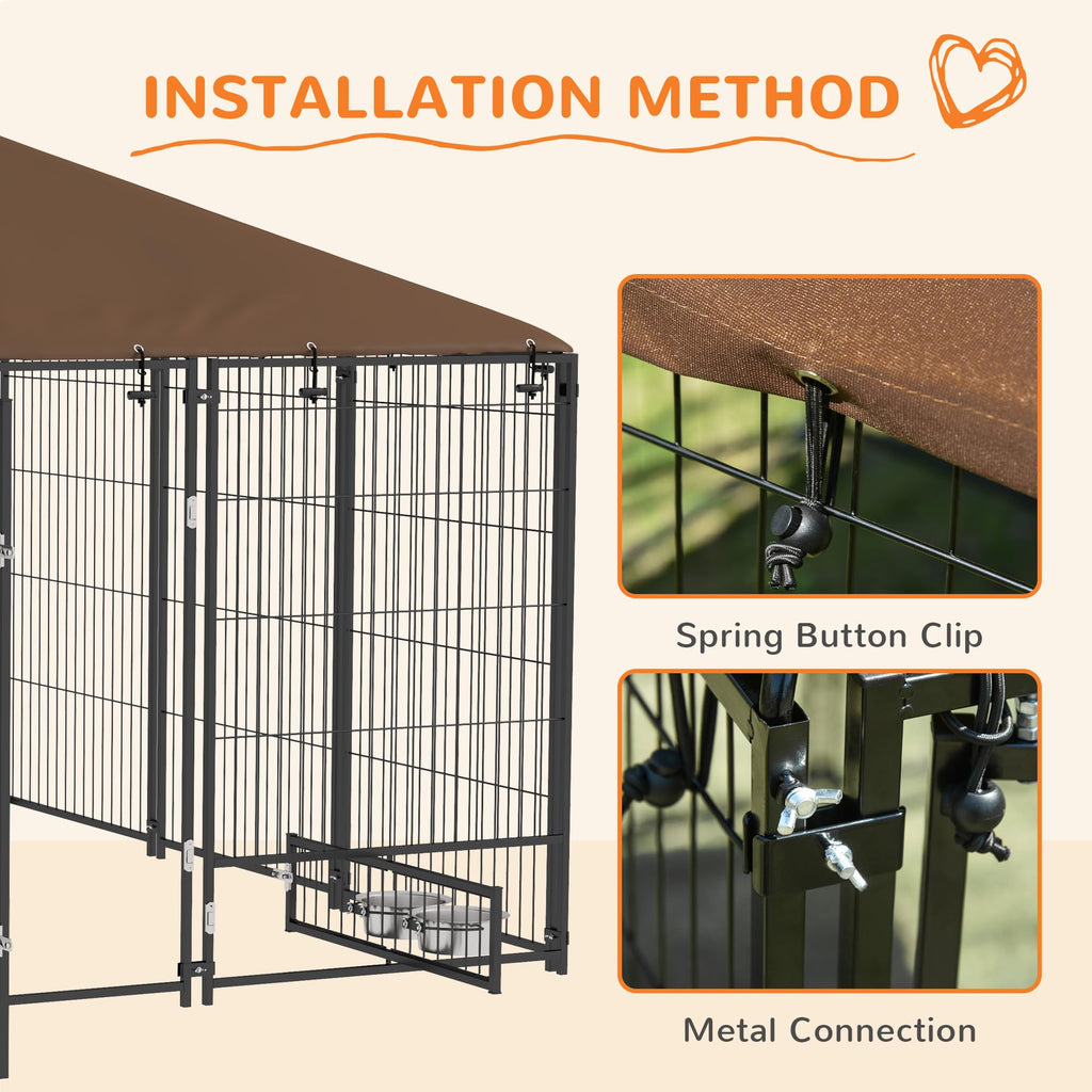 PawHut Outside Dog Kennel, 7' x 7' x 5' Puppy Play Pen with Canopy, Garden Playpen Fence Crate Enclosure Cage Rotating Bowl, for Dogs, Chickens, Ducks, Black