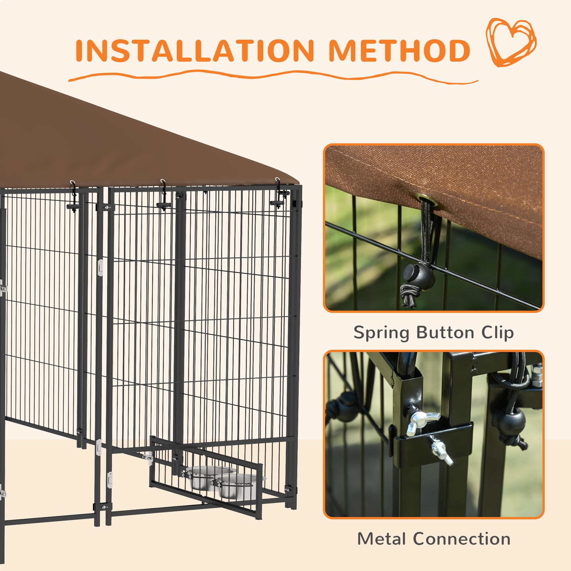 PawHut Outside Dog Kennel, 7' x 7' x 5' Puppy Play Pen with Canopy, Garden Playpen Fence Crate Enclosure Cage Rotating Bowl, for Dogs, Chickens, Ducks, Black