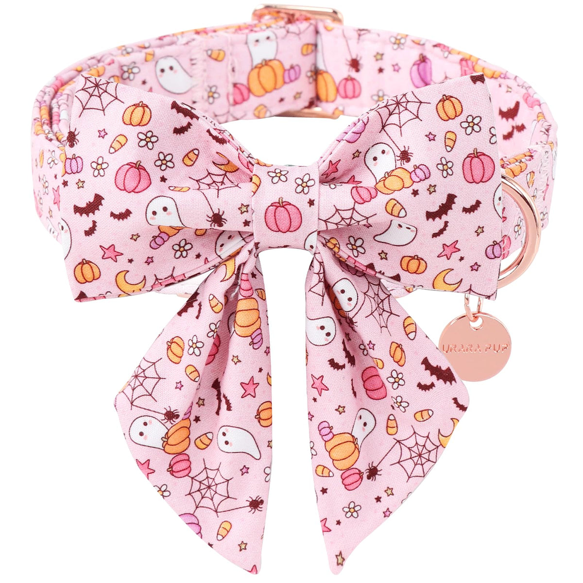 UP URARA PUP Halloween Dog Collar With Flower, Pink Puppy Collar With Adjustable Metal Buckle, Fancy Bowtie Gift for Girl Boy Dog, L