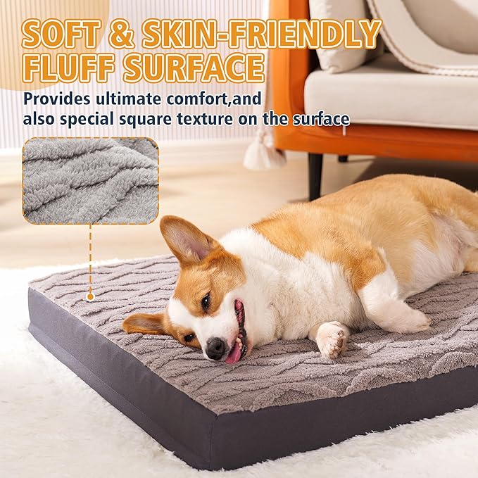 Maihandasi Orthopedic Dog Crate Bed – Waterproof Plush Pet Mattress with Removable Washable Cover, Non-Slip Bottom, Big Memory Foam Dog Bed for Crate, 36x27 Inch, Grey