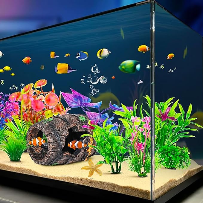 GOFYLIN Fish Tank Decoration for Aquarium Tank, Betta Fish Tank Accessories Starfish Barrel x 1pc, Aquarrium Decor Aquatic Plants x 4pcs, Aquarium Decor Starfish x 1pcs.