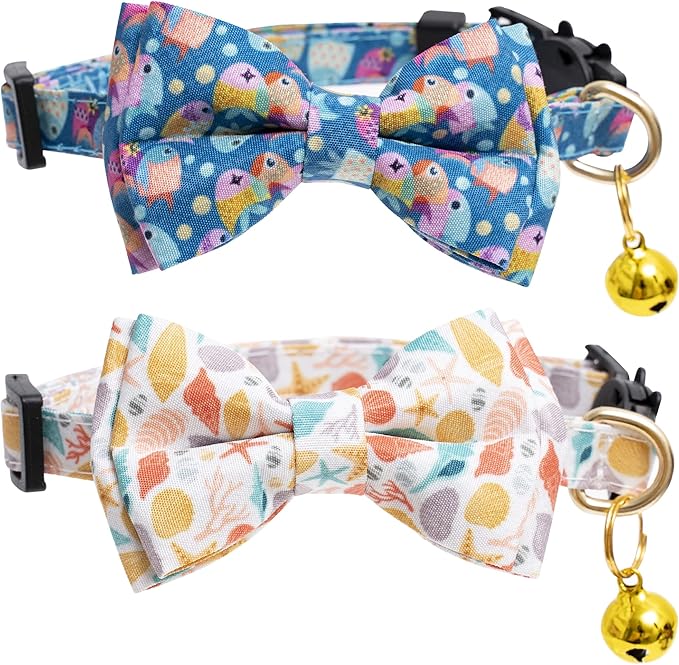 Faygarsle 2 Pack Cotton Designer Breakaway Cats Collar with Bow Tie and Bell Cat Collars for Girl Female Cat Collar with Bell Collars for Cats Flower Pattern
