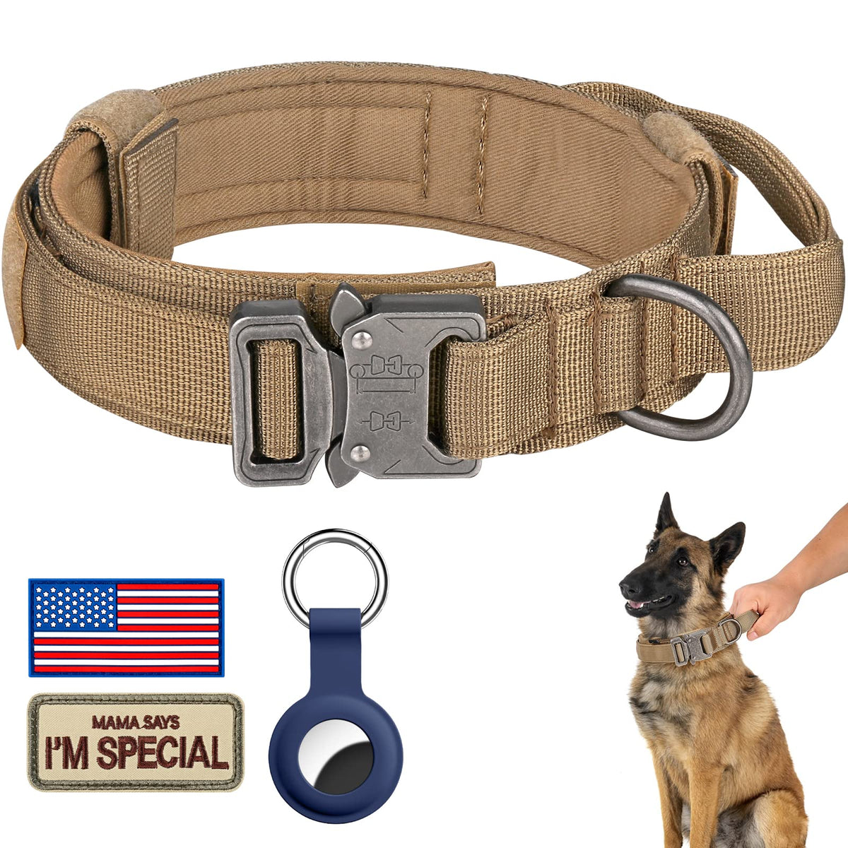 DAGANXI Tactical Dog Collar, Adjustable Military Training Nylon Dog Collar with Control Handle and Heavy Metal Buckle for Medium and Large Dogs, with Patches and Airtags Case (L, Pink)