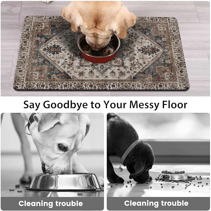 Dog Food Mats for Floors, Absorbent and Quick-Drying Pet Cat Food Mat,Anti-Fouling and Easy-to-Clean Pet Feeding Mat,Dog Bowl Mat for Messy Drinking Water Bowls.12 x20, Bohemia Style