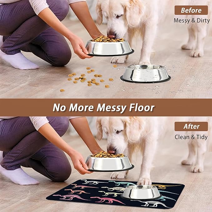 Dinosaur Skeleton Dog Cat Food Mat,Vintage Color Absorbent Pet Feeding Mat with Rubber Backing,Non-Slip Water Bowl Placemat,Indoor Pet Accessories Supplies 16"x24"