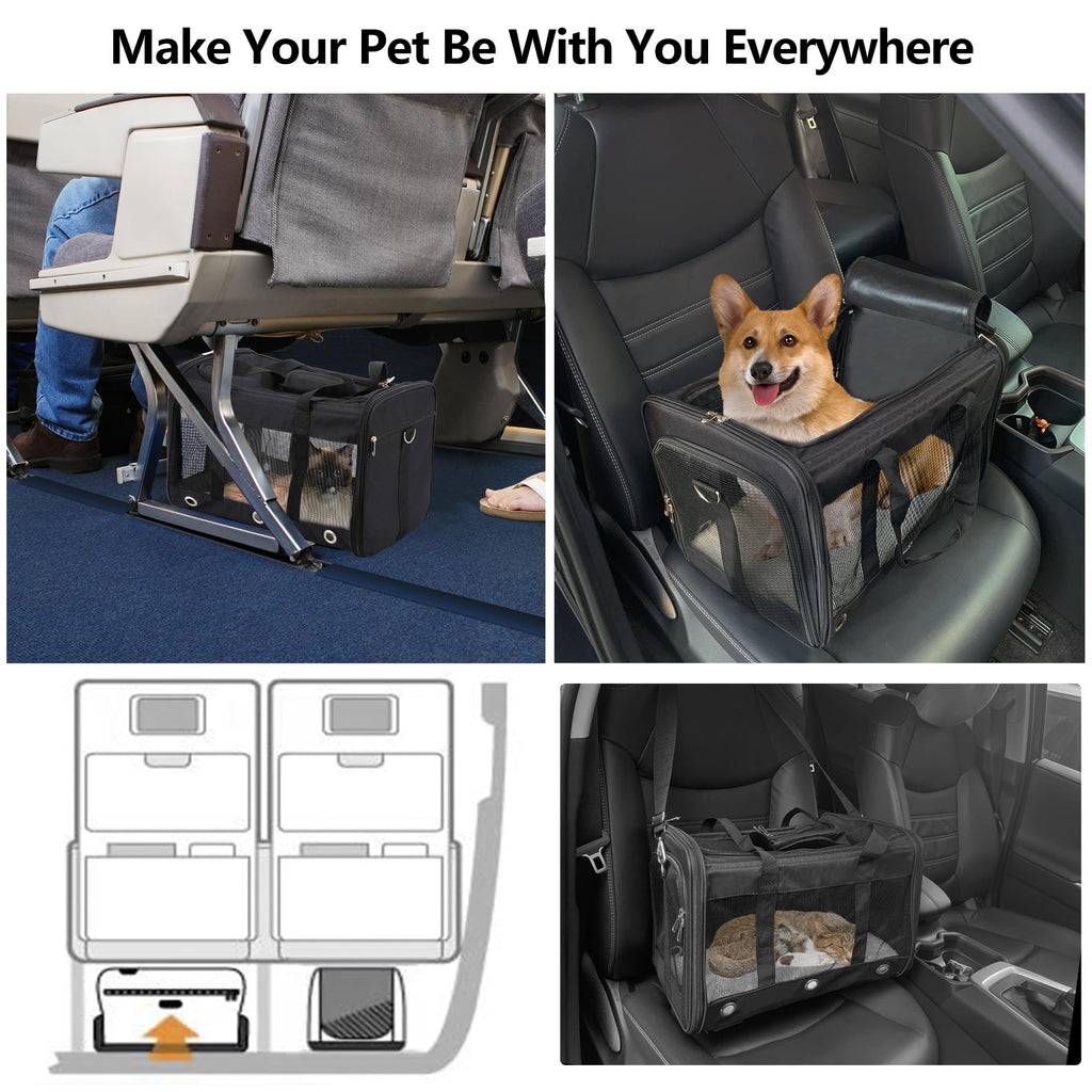 Soft Sided Cat/Dog Carrier,Collapsible Pets Travel Carriers for Pet/Puppy with Shoulder Strap & Removable Mat,Mesh Top Load Small Dogs/Cats Carry Bag Up to 17 Lbs TSA Airline Approved（Black,M）