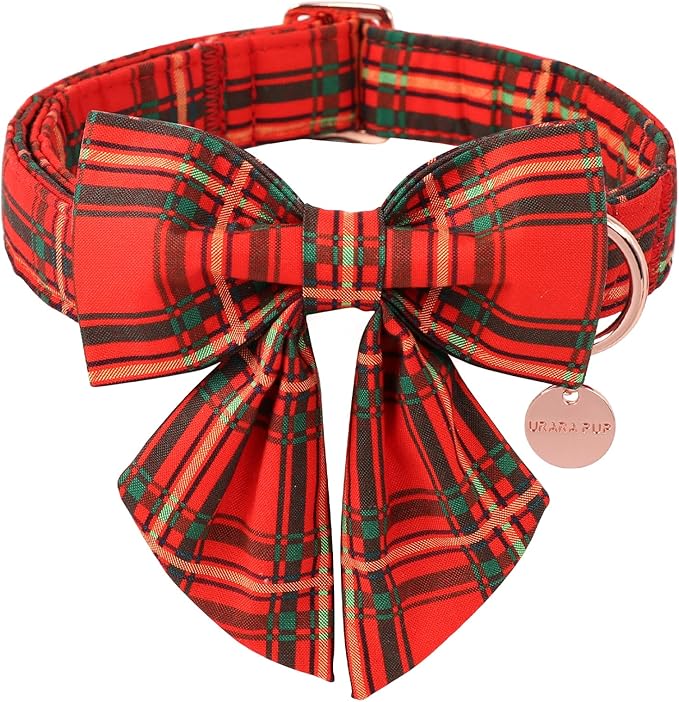 UP URARA PUP Christmas Dog Collar with Bow Tie, Cotton Christmas Plaid Collar for Medium Girl Boy Dog,Red &Green Plaid Dog Collar Bowtie with Durable Metal Buckle,Adorable Pet Collar,M,Neck 13.5-22in