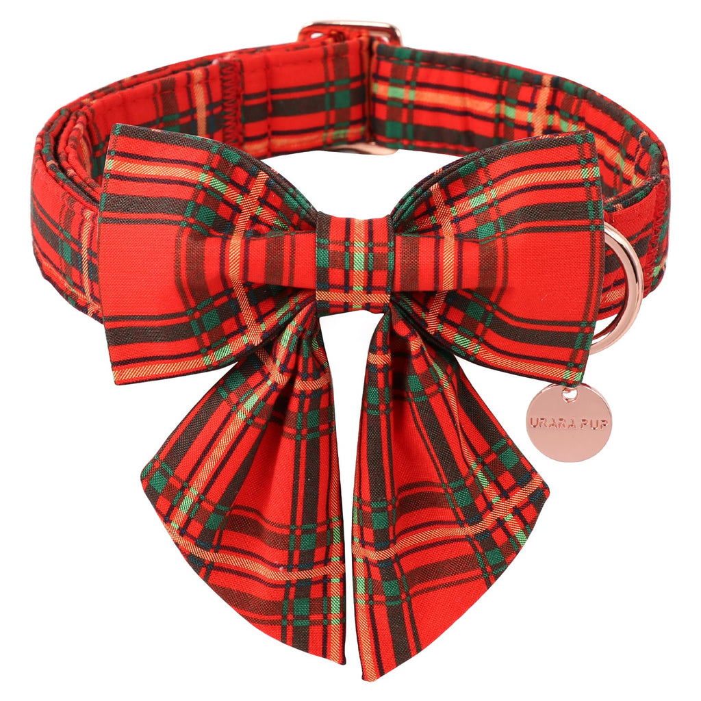 UP URARA PUP Christmas Dog Collar with Bow Tie, Cotton Christmas Plaid Collar for Medium Girl Boy Dog,Red &Green Plaid Dog Collar Bowtie with Durable Metal Buckle,Adorable Pet Collar,L