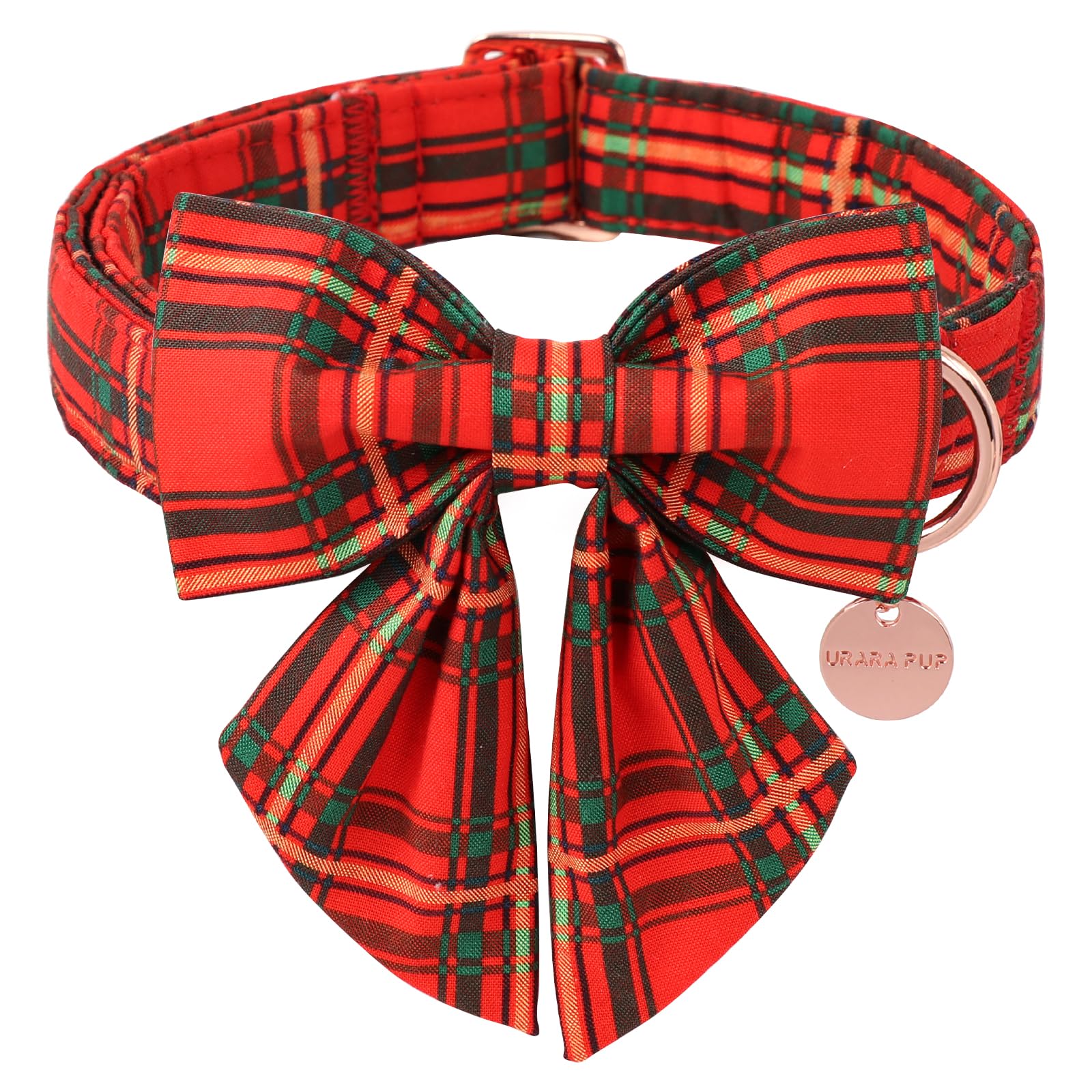 UP URARA PUP Christmas Dog Collar with Bow Tie, Cotton Christmas Plaid Collar for Medium Girl Boy Dog,Red &Green Plaid Dog Collar Bowtie with Durable Metal Buckle,Adorable Pet Collar,M