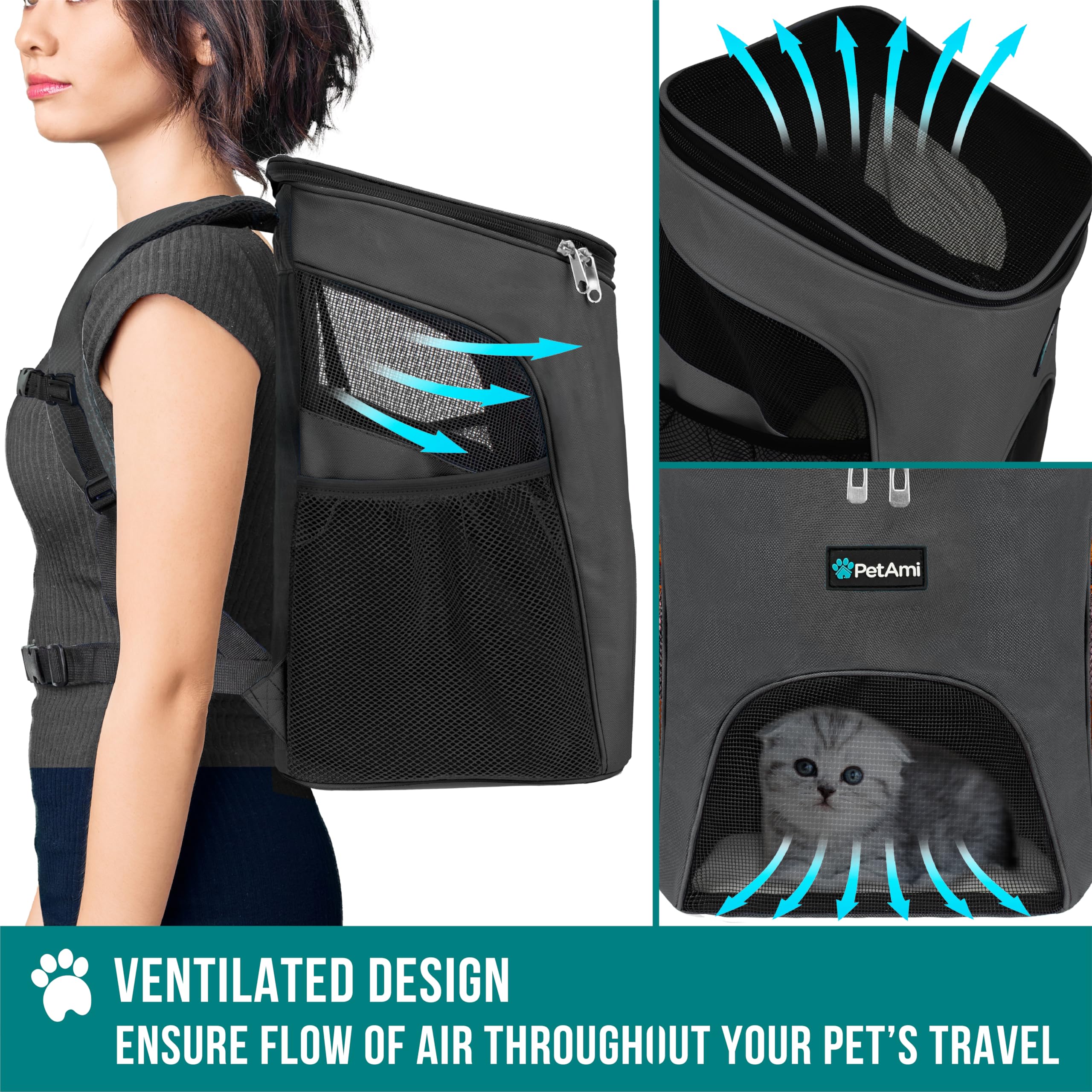 PetAmi Cat Backpack Carrier, Airline Approved Pet Carrier Backpack for Small Dogs and Large Cats, Soft Sided Collapsible Ventilated with Sherpa Bed for Hiking Travel, Max 18 lbs, Gray
