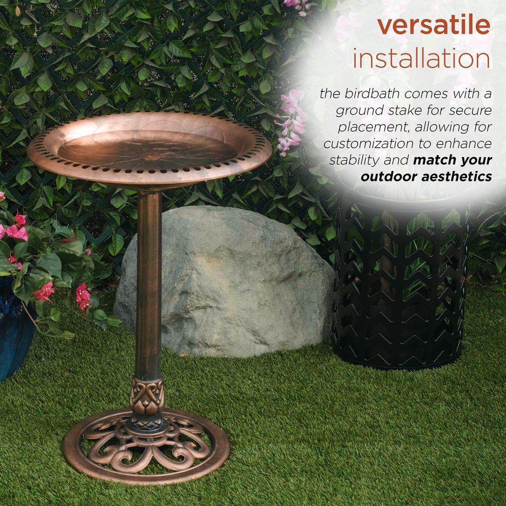 Alpine Corporation | 28" Bronze Outdoor Pedestal Birdbath with Scrollwork Base and Ground Stakes — Elegant Garden Décor, Durable Weather-Resistant Design for Lawn, Patio, or Yard