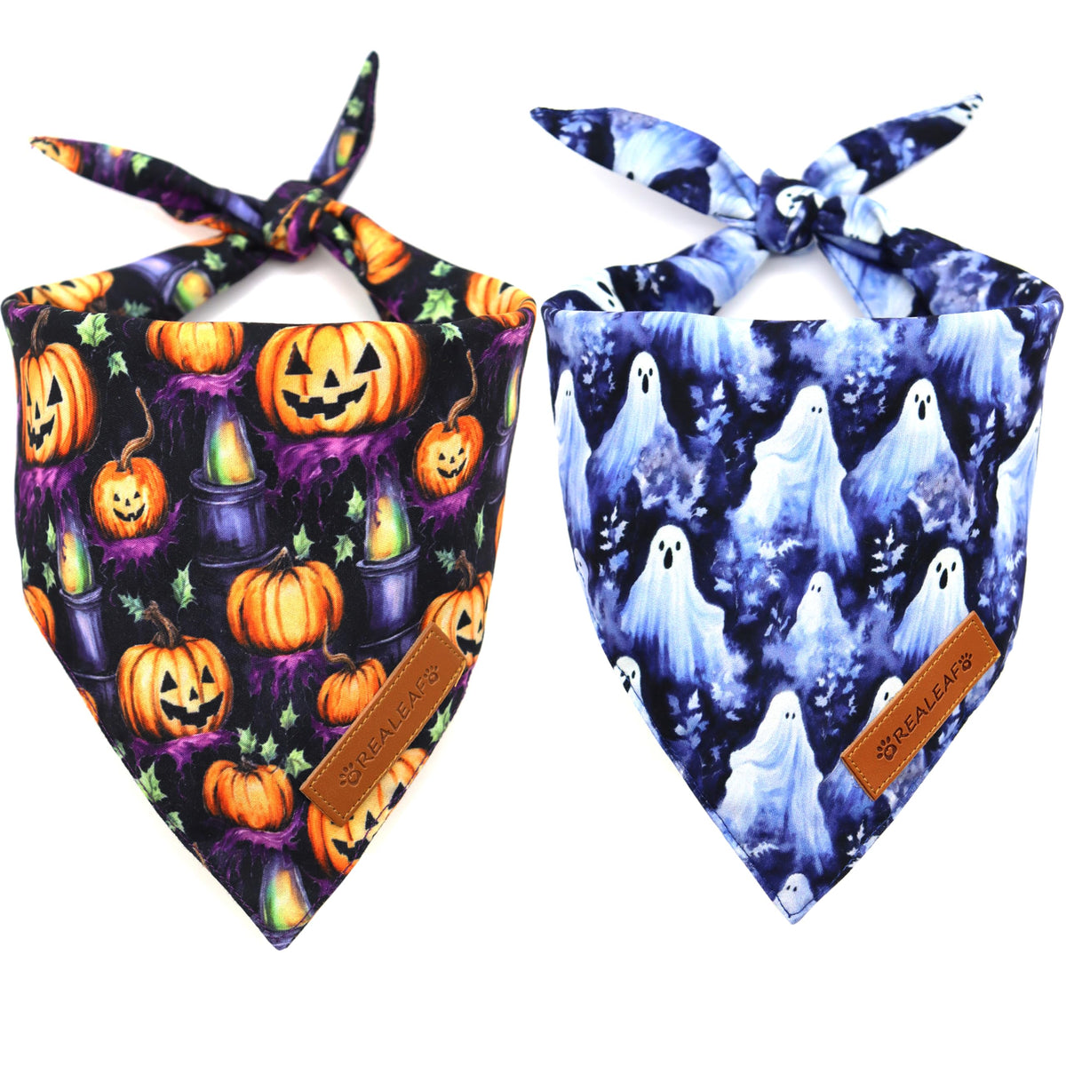 Realeaf Halloween Dog Bandanas 2 Pack, Pumpkins and Ghosts Pet Scarf for Boy and Girl, Premium Durable Fabric, Holiday Bandana for Large and X-Large Dogs Pets (X-Large)