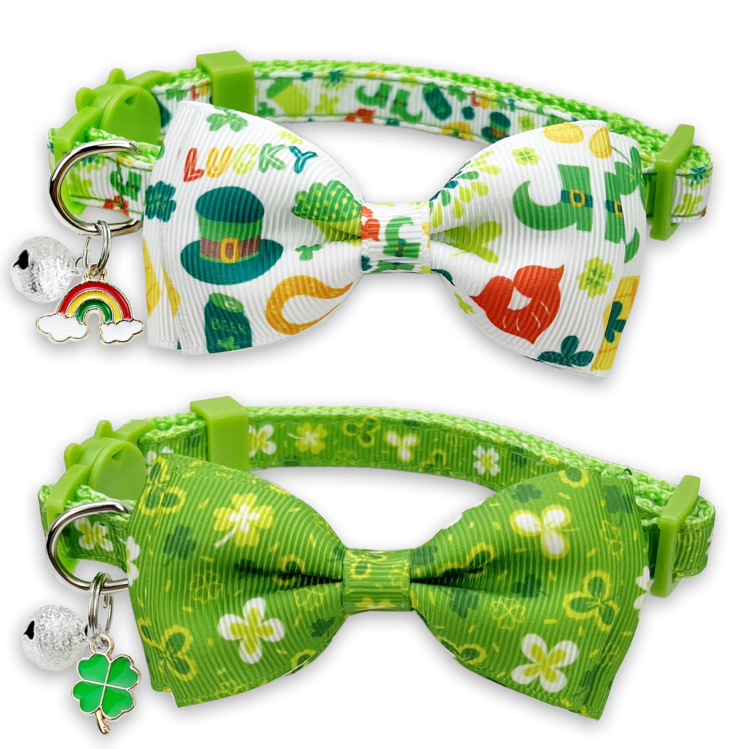 2 Pack St. Patrick Day Cat Collar with Bow Tie,Holiday Kitty Kitten Collar with Bell for Male Female Boys and Girls (Luckyclover)