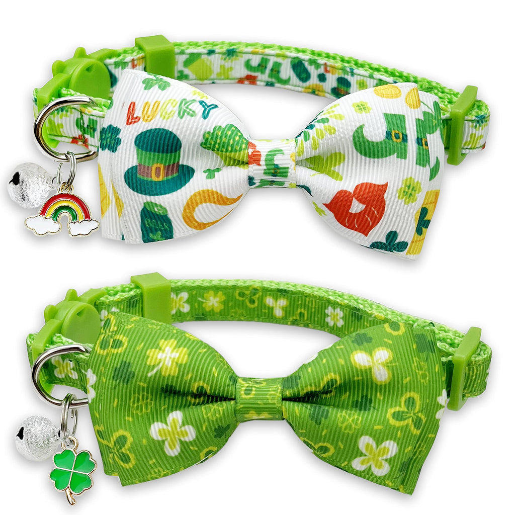 2 Pack St. Patrick Day Cat Collar with Bow Tie,Holiday Kitty Kitten Collar with Bell for Male Female Boys and Girls (Luckyclover)