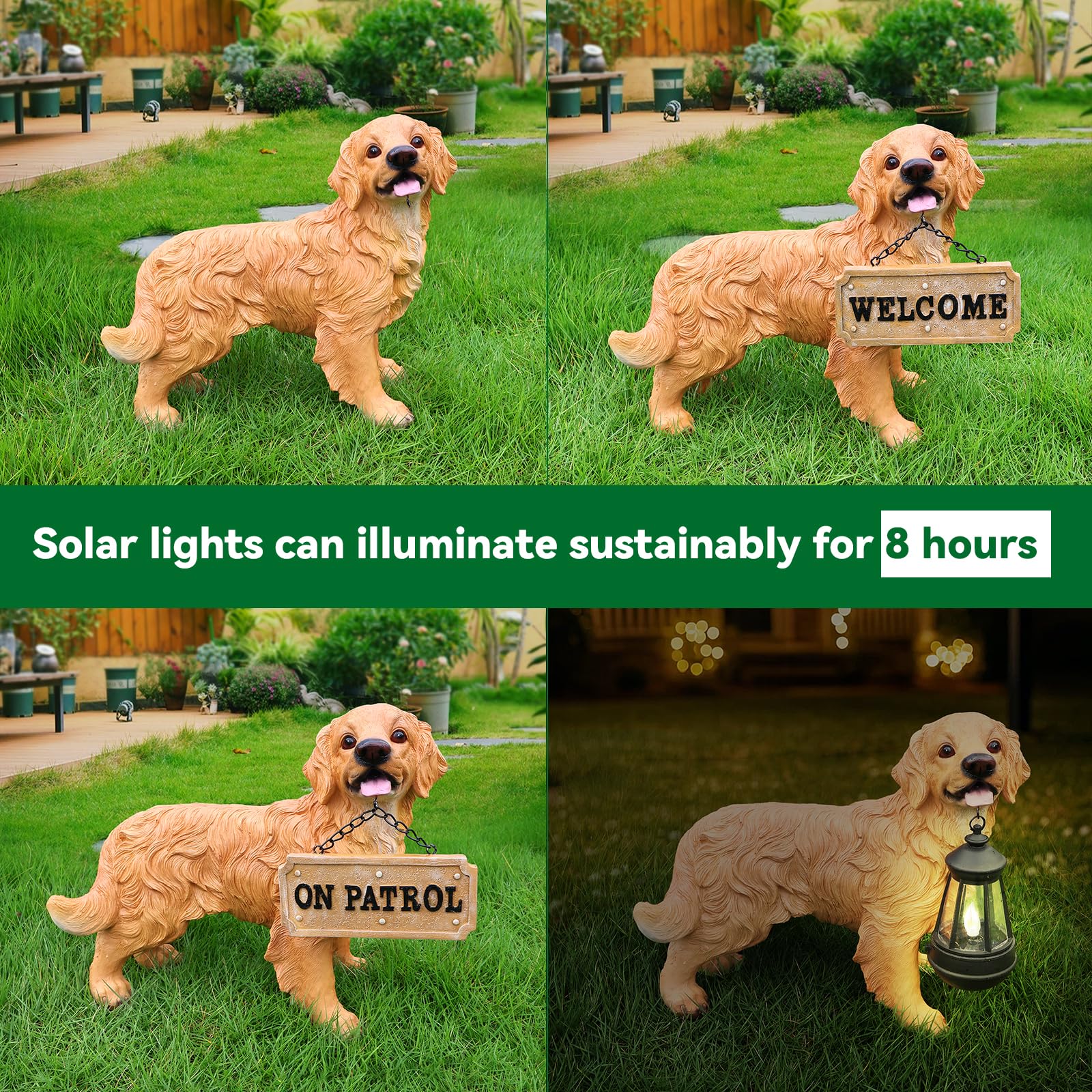 UNOIRNM Golden Retriever Statue Outdoor Decorations – Outdoor Dog Statue Standing Golden Retriever with Removable Solar Light & Welcome Sign for Patio Décor