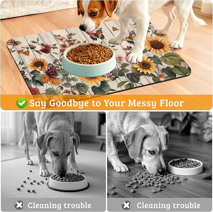 Pet Feeding Mat,Vintage Flower Absorbent Dog Cat Food Mat Rustic Wooden Dog Mat with Rubber Backing,Non-Slip Water Bowl Placemat,Pet Supplies 12" x 20"