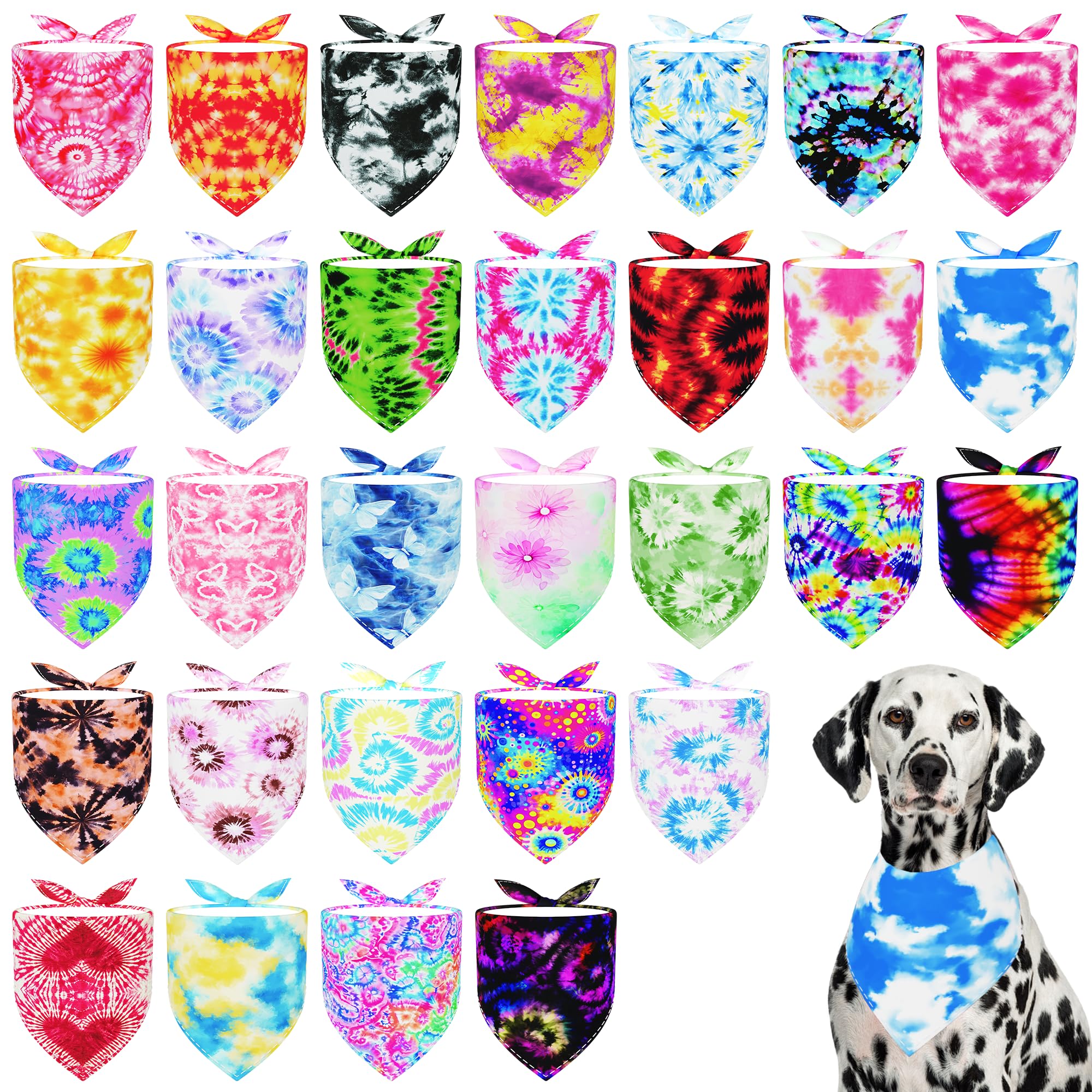 Pai Sence Tie Dye Dog Bandanas Bulk for Large Dogs Sewn Edges 33" 30 Pack L