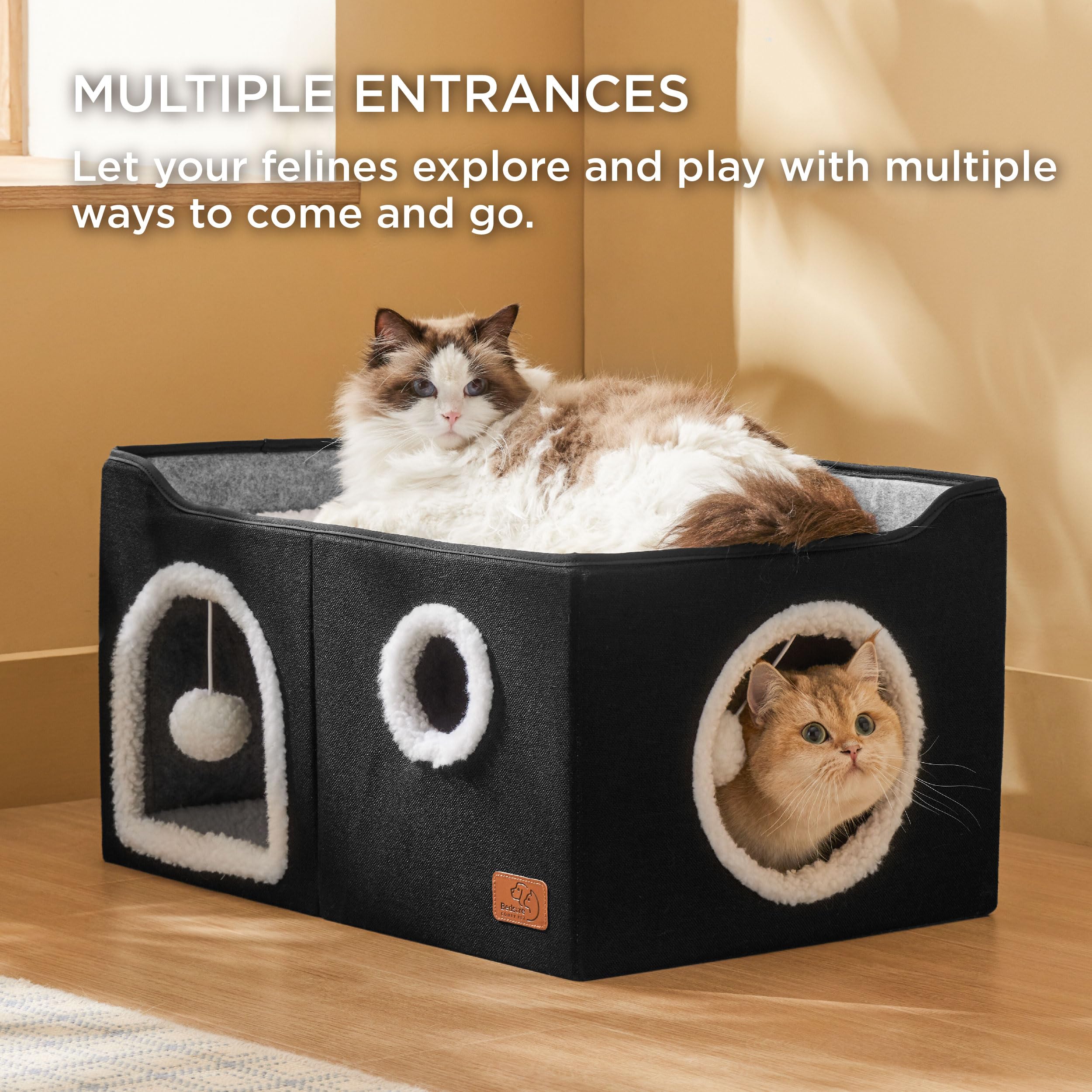 Bedsure Extra Wide Cat House Bed with Fluffy Ball and Scratch Pad,Black