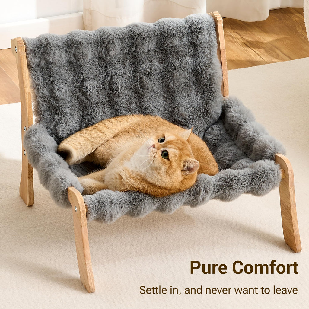 Kicari Solid Wood Cat Couch Bed for Indoor Cats, Modern Cat Sofa with Ultra-Soft Plush Surface Washable, Reclined Backrest, Elevated Plush Cat Lounge for Small to Adult Cats, Frost Gray