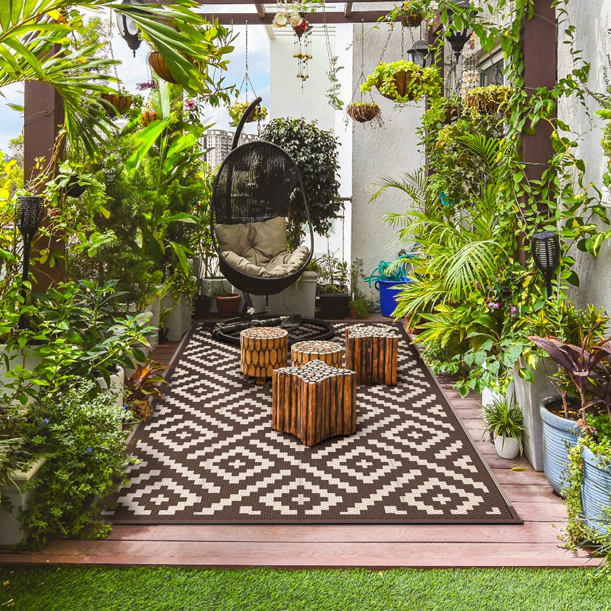 GENIMO Outdoor Rug, Waterproof Plastic Rugs for Patio, 6'x9' Coffee Beige