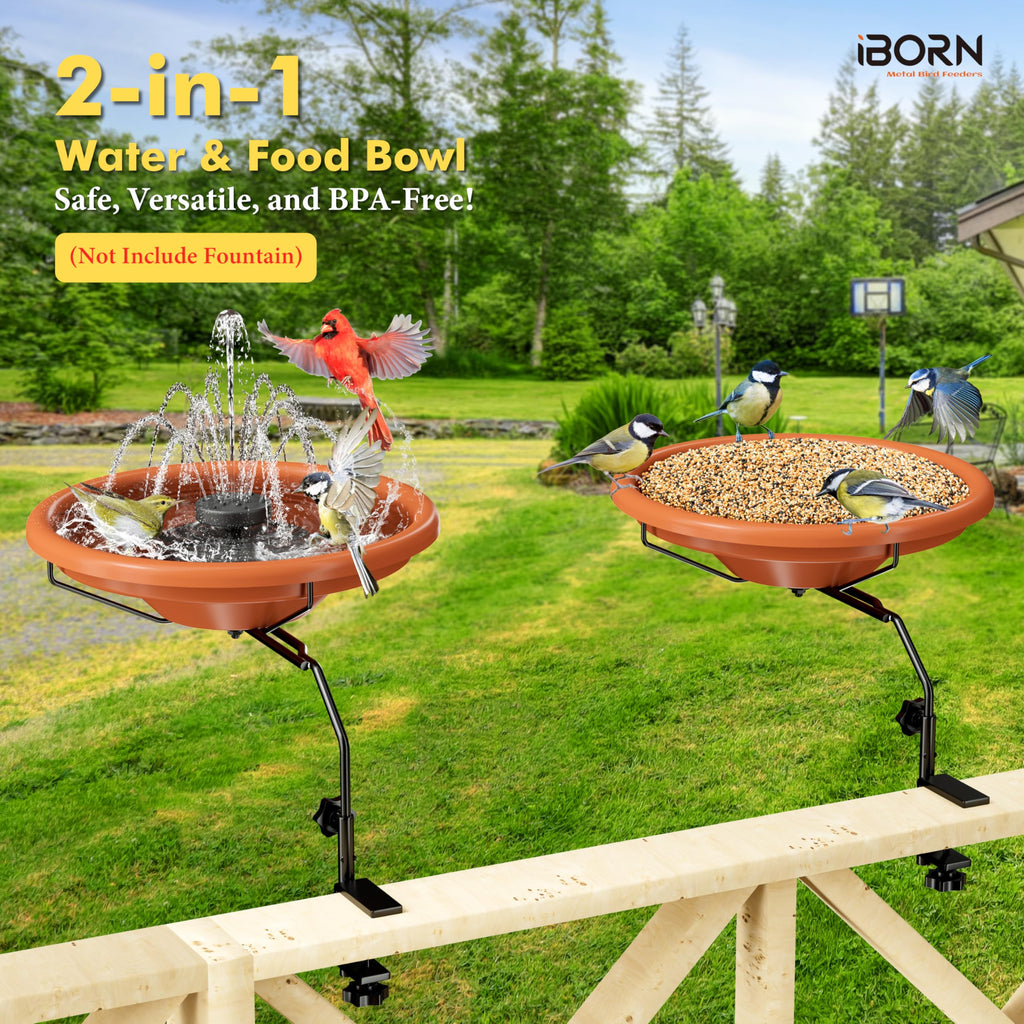 iBorn Bird Bath for Outside,Deck Mounted Bird Bath 12in，Birds Baths for Outdoors with Adjustable Clamp 3.2in，BPA-Free Bowl，360°Swivel & Adjustable Height Bracket，Detachable Birds Baths, Pack of 1