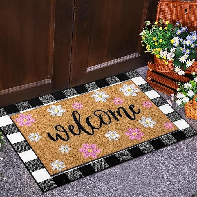 Tinideya 2 Pcs Spring Door Mat Outdoor Layerd Pink Flower Welcome Mat