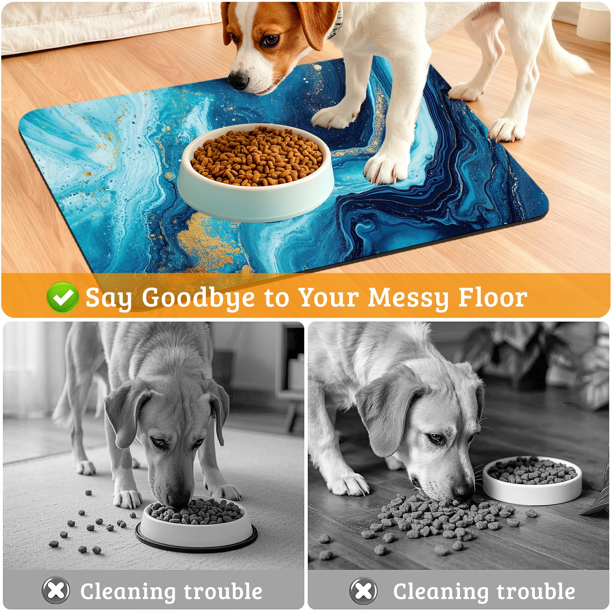 Dog Bowl Mat,Blue Gold Marble Pet Feeding Mat for Floors Waterproof,Flowing Absorbent Dogs Placemat for Food and Water Quick Dry Pet Cat Feeding Mats with Non Slip Bottom 12" x 20"