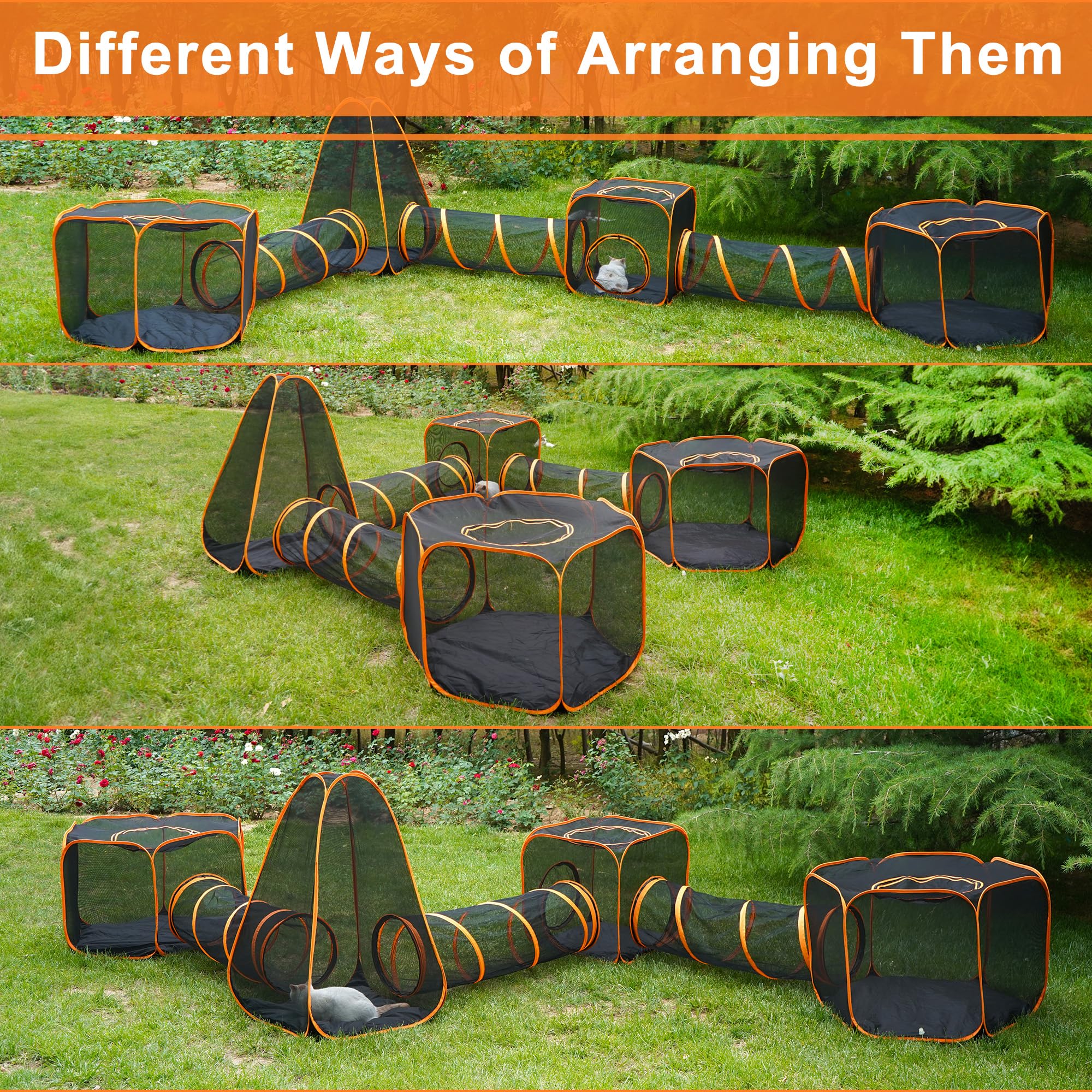 7 in 1 Outdoor Cat Enclosure, Foldable Pop-Up Mesh Playpen Tunnel for Pet Run, Foldable Outside Enclosed Tent Cage for Small Dogs, Rabbit and Other Animals