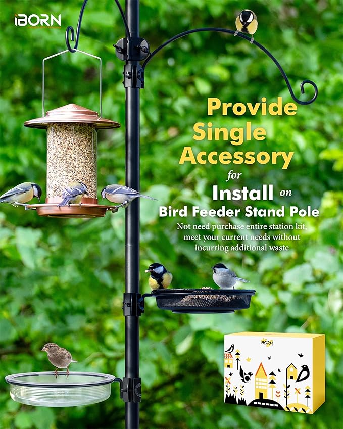 iBorn Bird Feeders Station Mesh Tray and Ring for 1” Pole Stand Station Outdoor Accessory for Humming Bird Feeders for Outside,5SECOND to Install,Fit for 1 Inch Pole,1 Inch Wooden Stick,Pack of 2