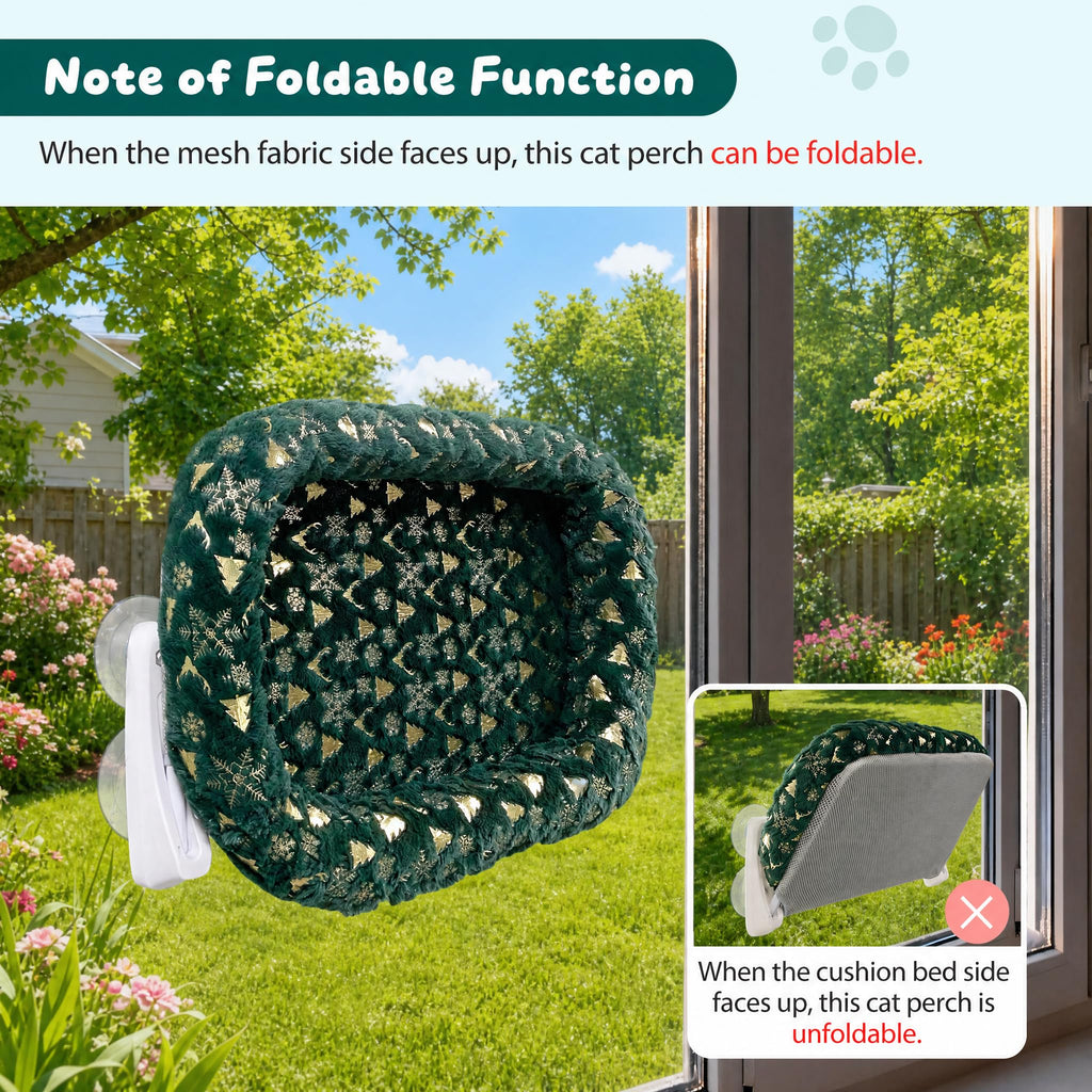 L&W BROS. 2-Pack Foldable Cat Window Perches with Christmas Cushion Bed Easy to Assemble Cats Hammock for Window, Warm Indoor Cat Beds for Large Cats, Edition(L Green)