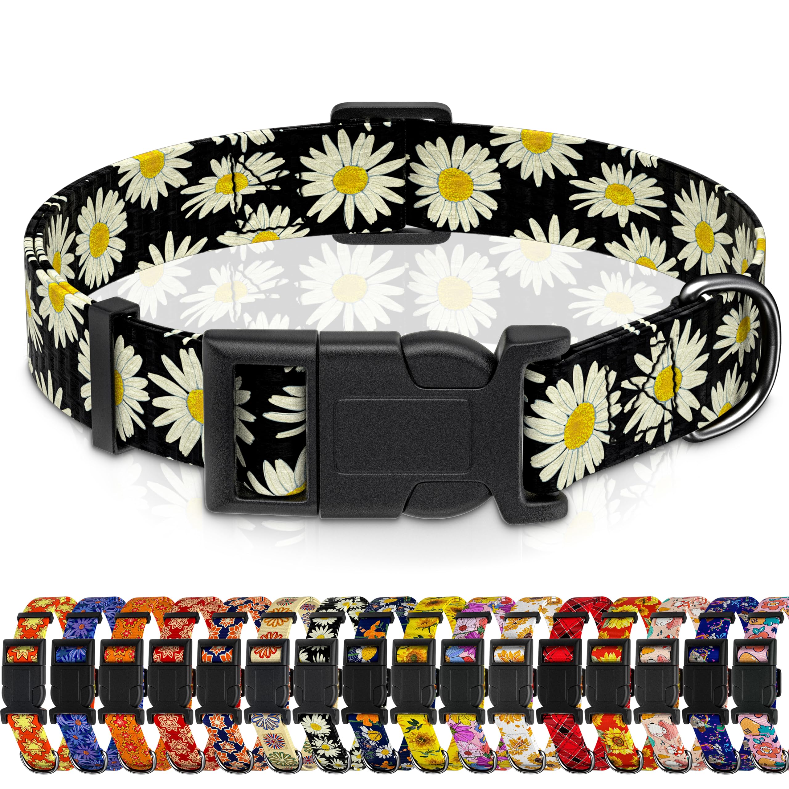 Seyezo Dog Collar, Daisy Boys Girls Puppy Collar for Small Medium Large Dogs, Adjustable Soft Floral Pet Collar with Safety Buckle for Male Females(Black Daisy,XS)