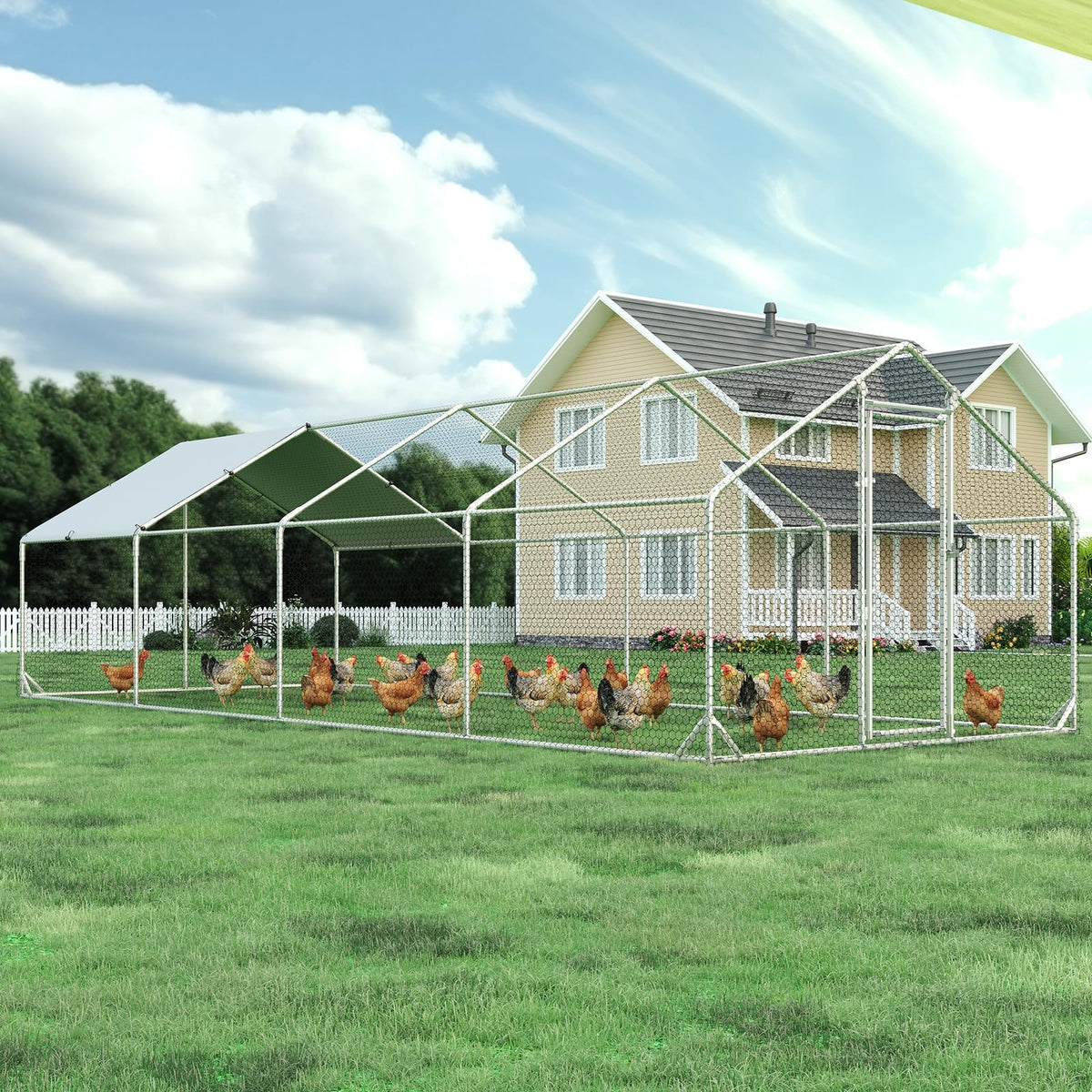 4ever2buy Metal Chicken Coop, 9.2x6.3 FT Walk-in Chicken Run Pen Poultry Cage, Water-Resistant & Anti-UV Cover, Large Chicken Coop for 6-8 Chickens
